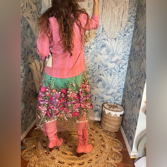 Aratta Pink Floral Embroidered Love Shirt Dress Crystal Button Boho Statement - Picture 10 of 14